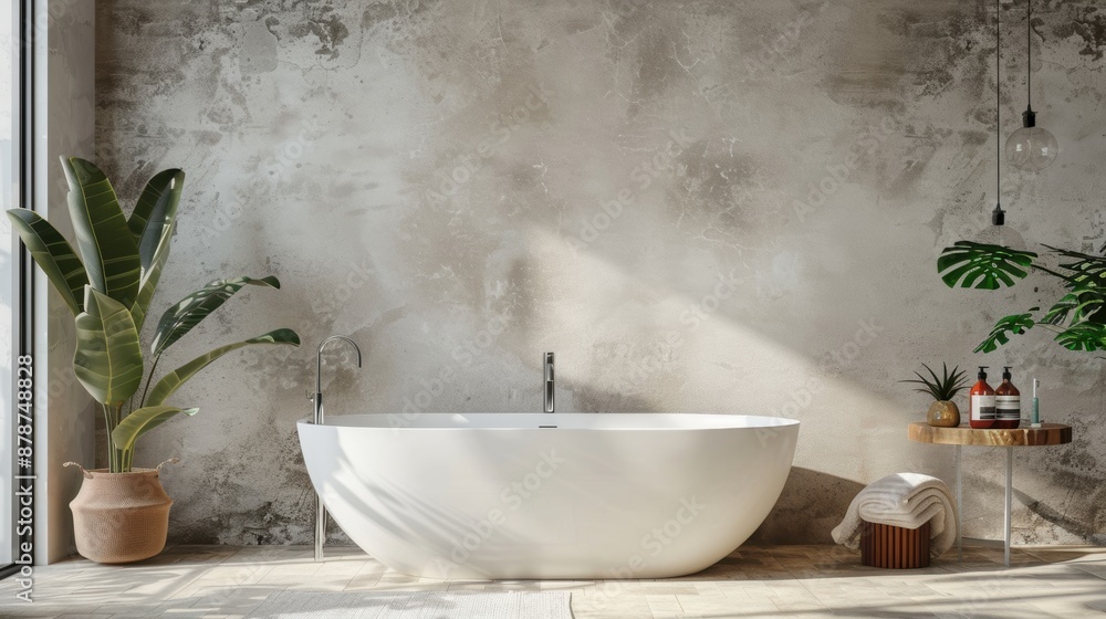 Modern bathroom interior design with white tub and lush greenery Modern bathroom interior design with white tub and lush greenery