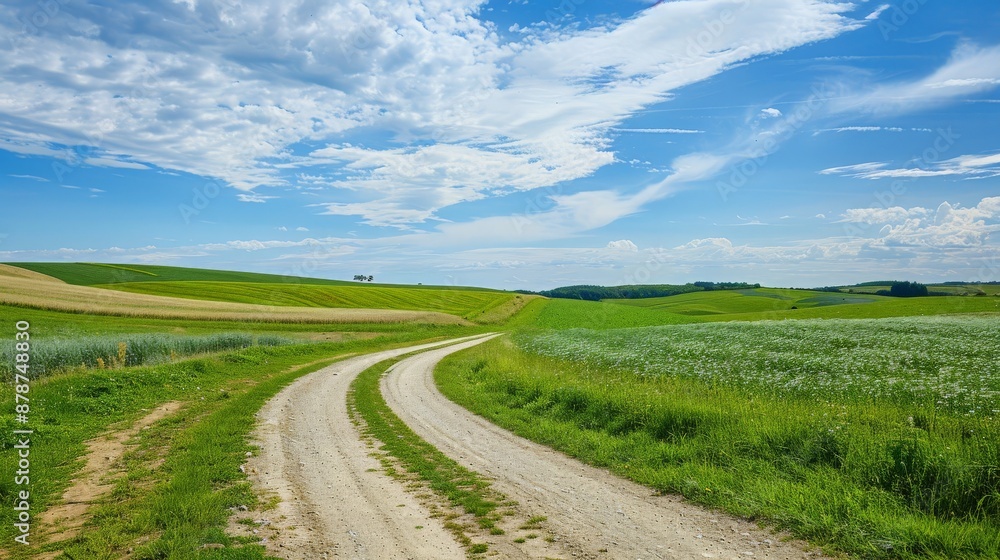 Idyllic rural landscape with a winding dirt road leading through fields and pastures, with a simple backdrop of open sky Idyllic rural landscape with a winding dirt road leading through fields and pastures, with a simple backdrop of open sky