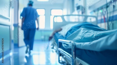 Blurred hospital corridor with patient on medical bed and doctor.