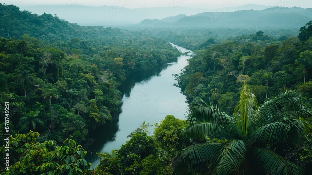 Scenic river winding through a lush rainforest, with a simple backdrop of dense foliage and a clear sky, perfect for an adventurous travel destination Scenic river winding through a lush rainforest, with a simple backdrop of dense foliage and a clear sky, perfect for an adventurous travel destination