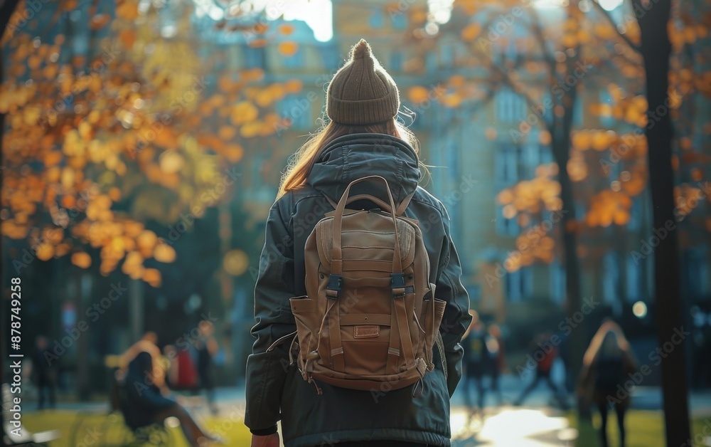 A woman wearing a brown backpack and a hat stands in front of a building. The scene is set in a park with trees and benches. The woman is waiting for someone or just taking a break from her day A woman wearing a brown backpack and a hat stands in front of a building. The scene is set in a park with trees and benches. The woman is waiting for someone or just taking a break from her day