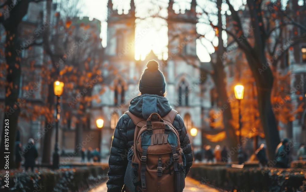 A person wearing a backpack is walking down a street in front of a building. The scene is set in autumn, with leaves on the ground and a warm glow from the sun A person wearing a backpack is walking down a street in front of a building. The scene is set in autumn, with leaves on the ground and a warm glow from the sun