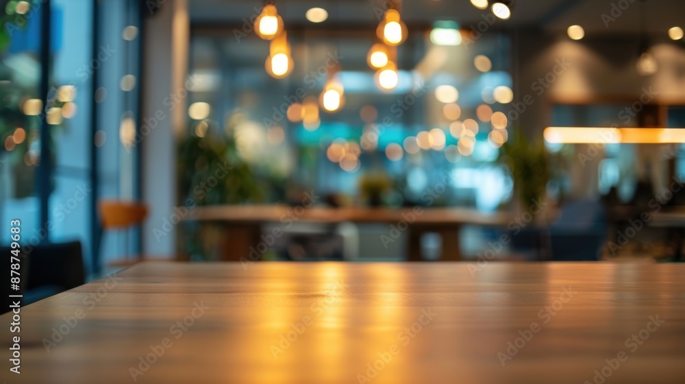 Wooden tabletop in a modern restaurant with blurry lights and background Wooden tabletop in a modern restaurant with blurry lights and background