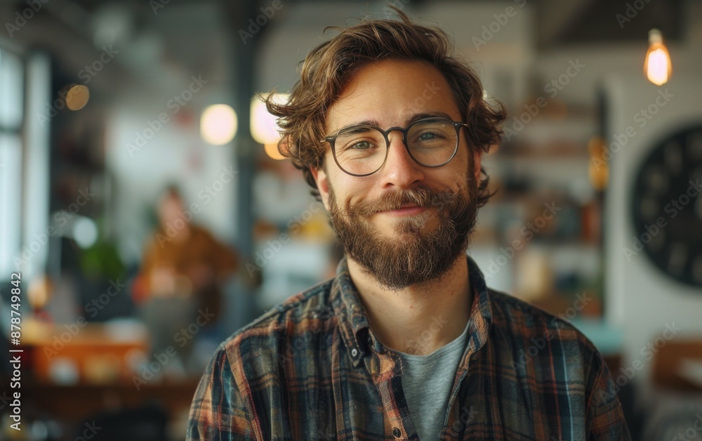 A man with glasses and a beard is smiling at the camera. He is wearing a plaid shirt and a gray shirt A man with glasses and a beard is smiling at the camera. He is wearing a plaid shirt and a gray shirt