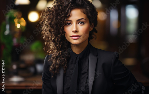 A woman with curly hair is wearing a black suit and tie. She is smiling and looking directly at the camera