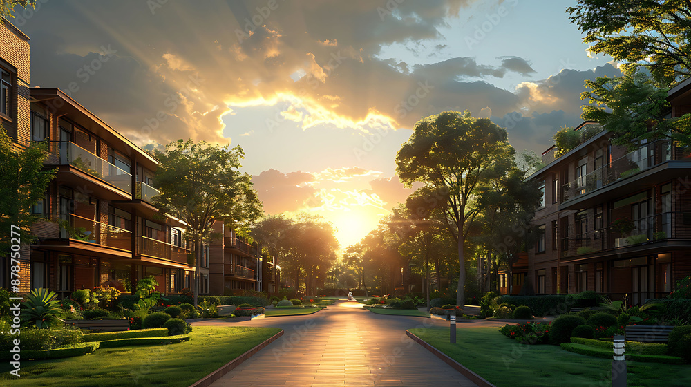 Naklejka premium Elegant depiction of a Suburban Apartment complex with modern design green spaces and communal amenities