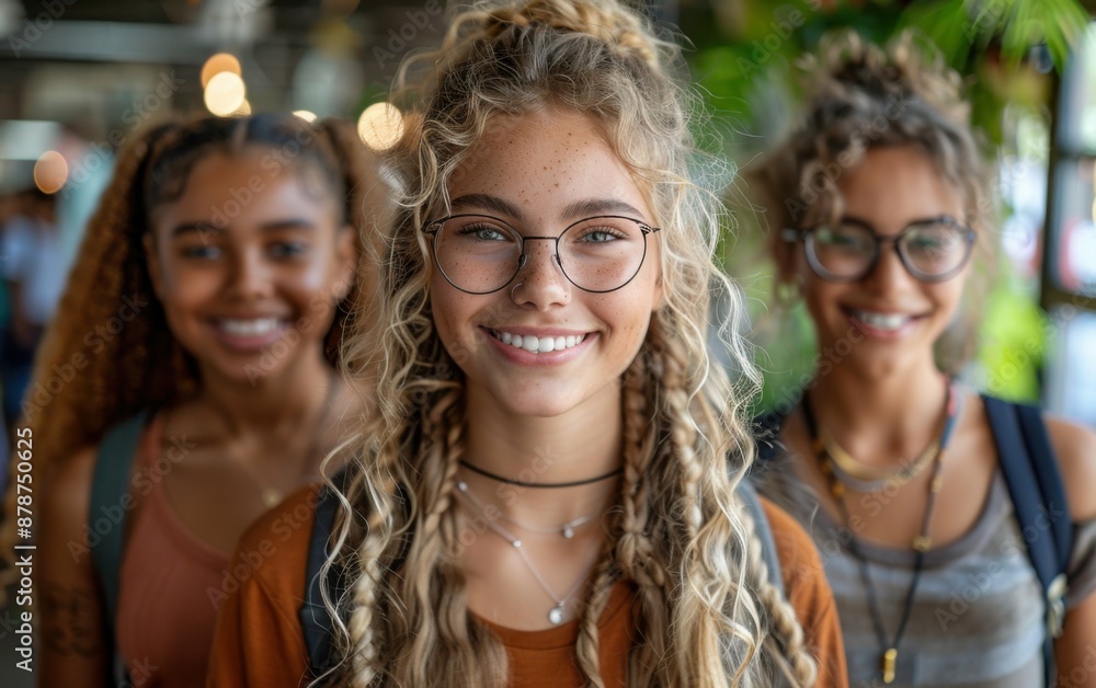 Three young women with curly hair and glasses are smiling for the camera. They are wearing backpacks and one of them has a necklace. Scene is happy and friendly Three young women with curly hair and glasses are smiling for the camera. They are wearing backpacks and one of them has a necklace. Scene is happy and friendly