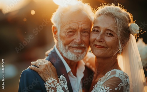 A man and woman are posing for a picture, with the man wearing a wedding ring. The woman is wearing a white dress and a veil. Scene is happy and celebratory, as the couple is getting married