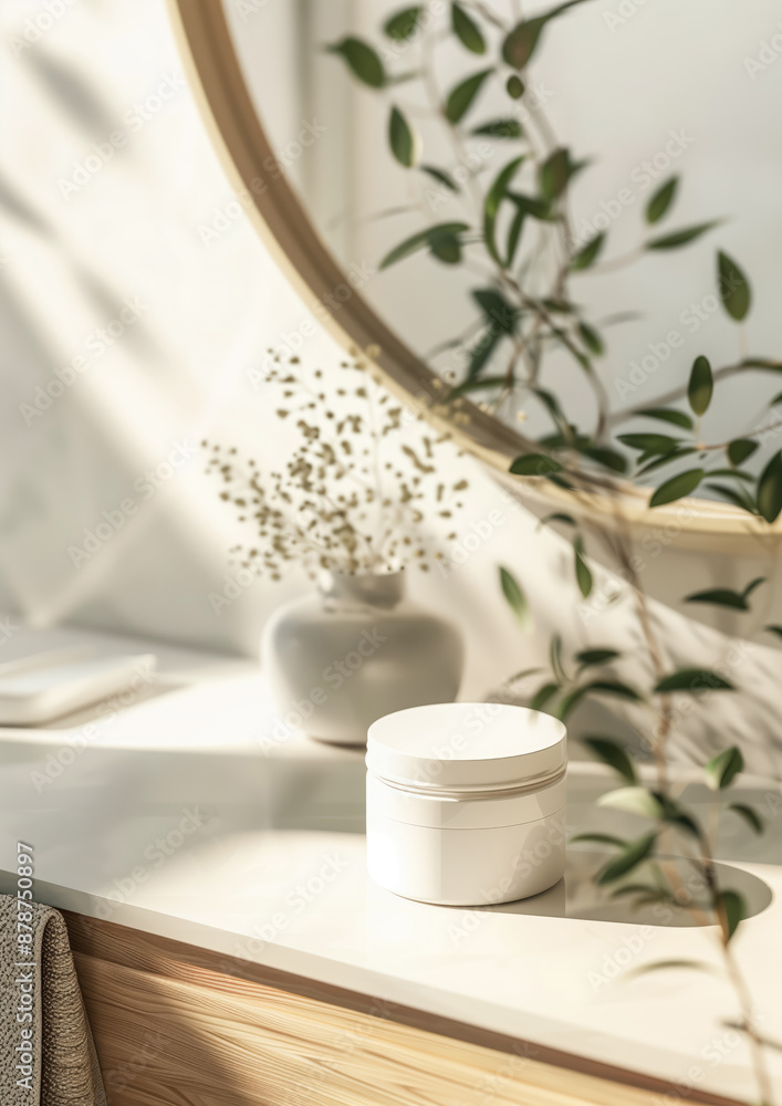 Cosmetic with skincare jar mockup in clean bathroom design and natural light reflections Cosmetic with skincare jar mockup in clean bathroom design and natural light reflections