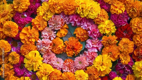 Colorful marigold and carnation arrangement in spiral design photo