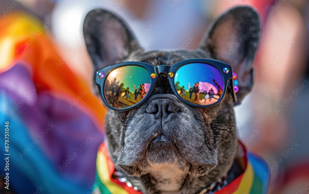 A dog wearing sunglasses and a rainbow flag. The dog is looking at the camera. Scene is playful and fun A dog wearing sunglasses and a rainbow flag. The dog is looking at the camera. Scene is playful and fun