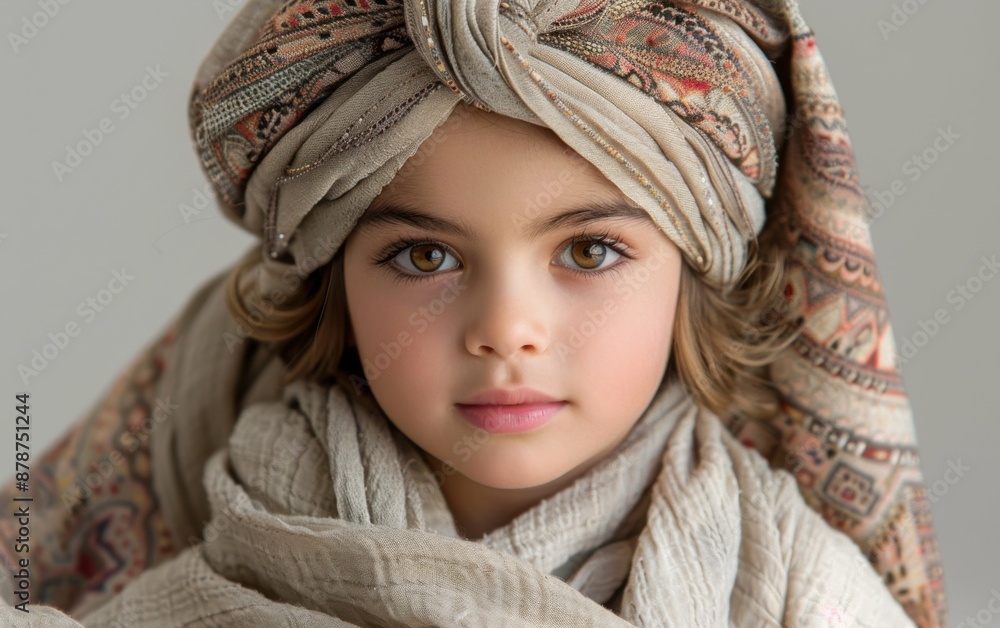 A young girl wearing a scarf and turban is smiling A young girl wearing a scarf and turban is smiling