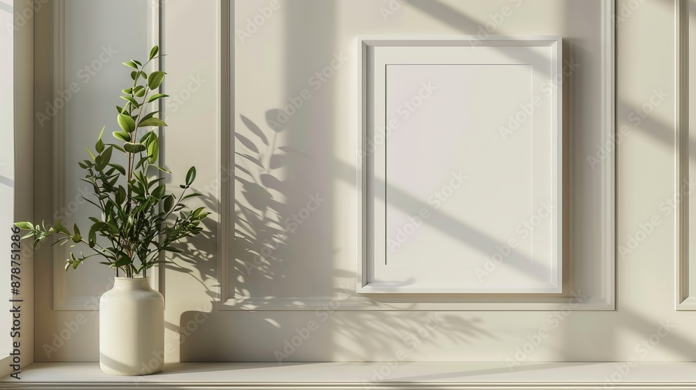 Blank white picture frame hanging on a wall, ready for your artwork or photo. Blank white picture frame hanging on a wall, ready for your artwork or photo.