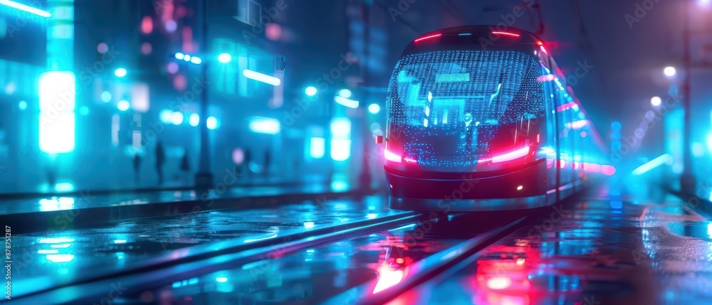 An ethereal city where spectral public transport glides silently above enchanted streets An ethereal city where spectral public transport glides silently above enchanted streets
