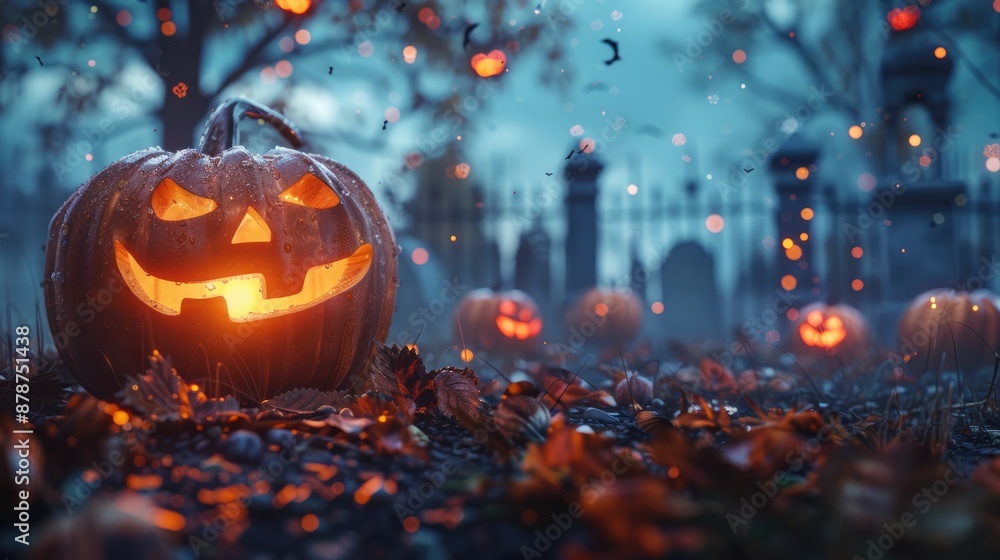 Halloween background concept, pumpkins on the background of a cemetery, atmospheric picture, postcard Halloween background concept, pumpkins on the background of a cemetery, atmospheric picture, postcard