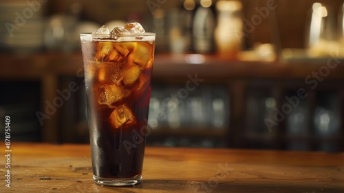 Cold dark drink with ice cubes on bar counter