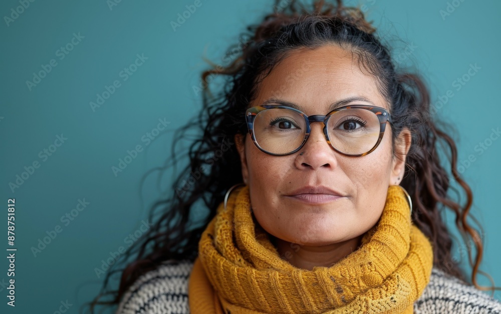 A woman with curly hair and glasses is wearing a yellow scarf. She has a warm and friendly expression on her face A woman with curly hair and glasses is wearing a yellow scarf. She has a warm and friendly expression on her face