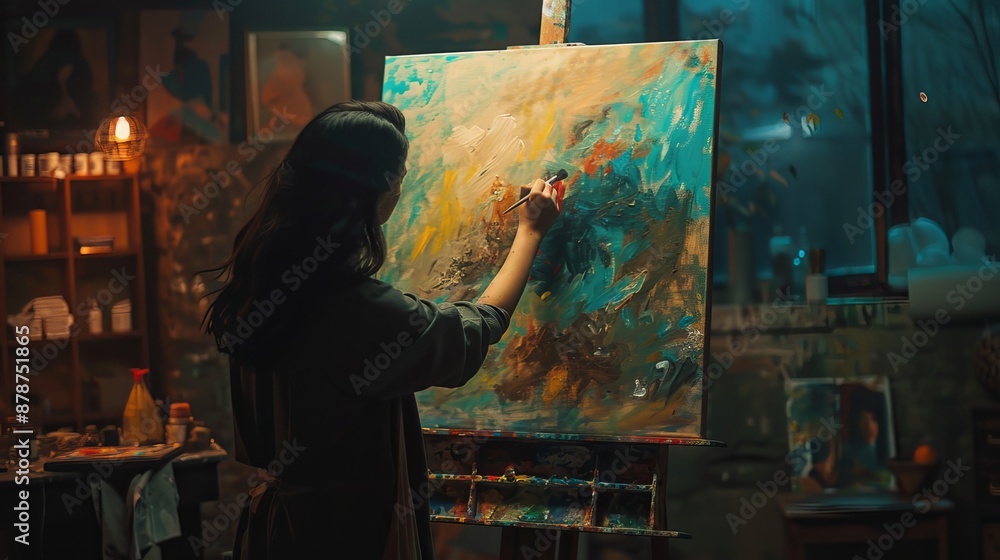A female artist passionately paints on a large canvas, using bold strokes and vibrant colors. In her dimly lit studio, the canvas illuminates, showcasing her creative masterpiece. A female artist passionately paints on a large canvas, using bold strokes and vibrant colors. In her dimly lit studio, the canvas illuminates, showcasing her creative masterpiece.