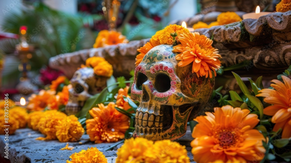 Decorated sugar skull with marigolds for day of the dead celebration Decorated sugar skull with marigolds for day of the dead celebration
