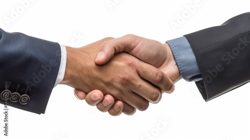 Two businesspeople shaking hands on white background