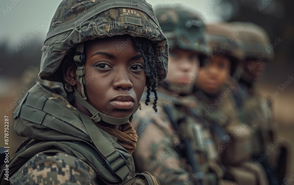 A group of soldiers are lined up, one of them is a woman with a helmet on. Concept of unity and camaraderie among the soldiers A group of soldiers are lined up, one of them is a woman with a helmet on. Concept of unity and camaraderie among the soldiers