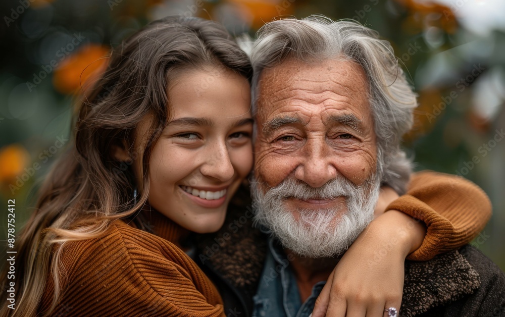 A young woman and an older man are hugging each other. The woman is smiling and the man has a beard A young woman and an older man are hugging each other. The woman is smiling and the man has a beard