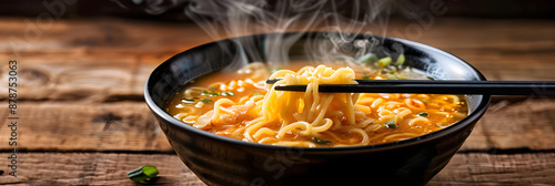 Tigela de ramen com pauzinhos em vapor photo