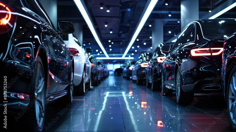 Fototapeta premium Row of modern cars parked in a modern showroom