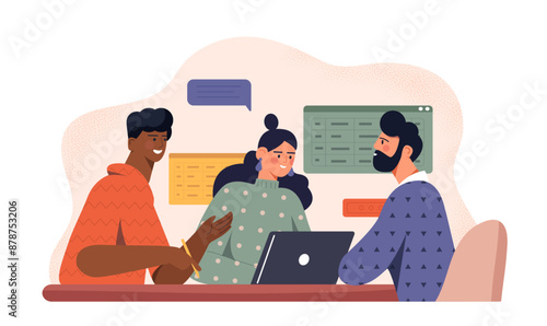 Office workers communicate. Men and woman with laptop discussing business project or task. Brainstorming and conversation, discussion. Organizing efficient workflow. Flat vector illustration