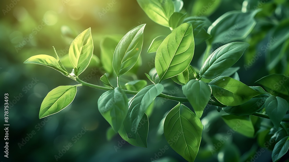 Green leaves of a branch of holy basil or opium tenuiflorumon a backdrop of nature very detailed and realistic shape Green leaves of a branch of holy basil or opium tenuiflorumon a backdrop of nature very detailed and realistic shape