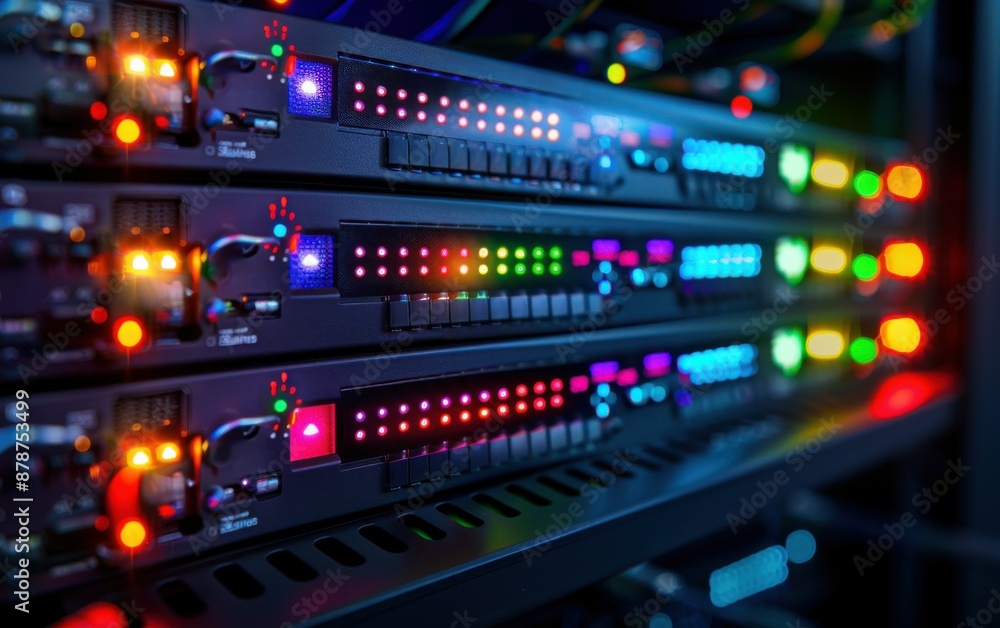 A row of computer servers with colorful lights on them. The lights are bright and colorful, giving the impression of a lively and energetic environment A row of computer servers with colorful lights on them. The lights are bright and colorful, giving the impression of a lively and energetic environment