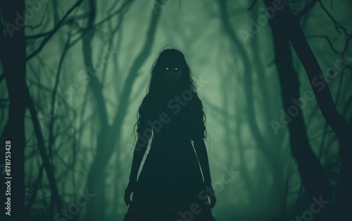 A woman is standing in a forest with her eyes glowing. Scene is eerie and mysterious
