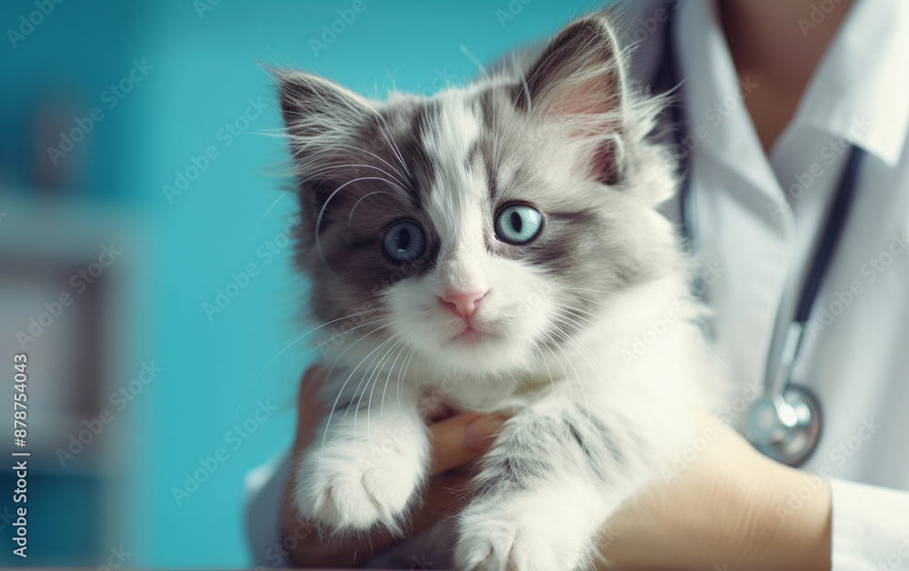 A person is holding a kitten in their arms. The kitten has blue eyes and is white and gray. The person is wearing a white lab coat A person is holding a kitten in their arms. The kitten has blue eyes and is white and gray. The person is wearing a white lab coat