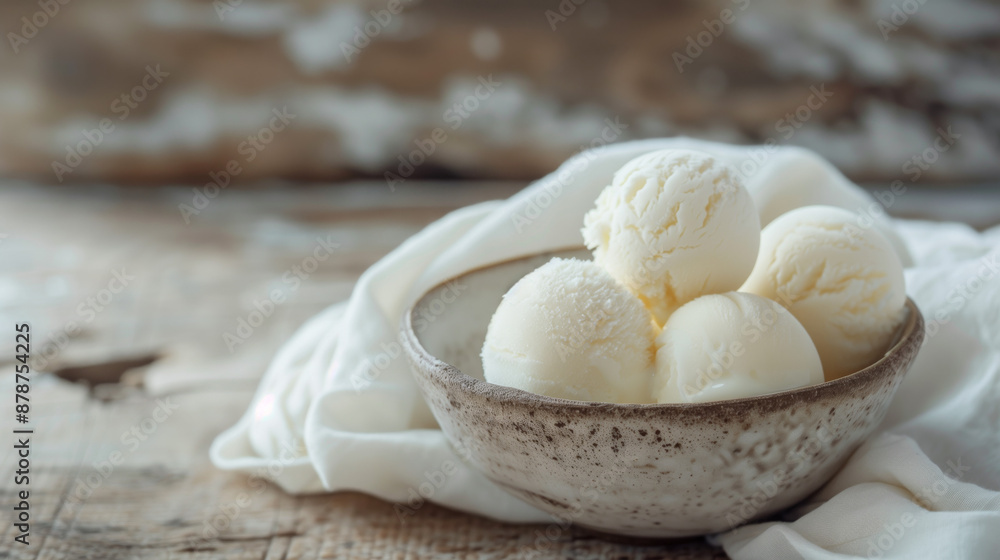 Close up studio photo of coconut ice cream scoops in a ceramic bowl on an old brown table with a Sicilian rustic background and copy space. Close up studio photo of coconut ice cream scoops in a ceramic bowl on an old brown table with a Sicilian rustic background and copy space.