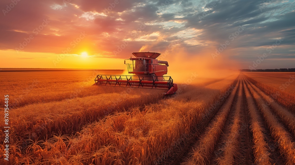 Combine Harvester in Golden Wheat Field at Sunset Combine Harvester in Golden Wheat Field at Sunset
