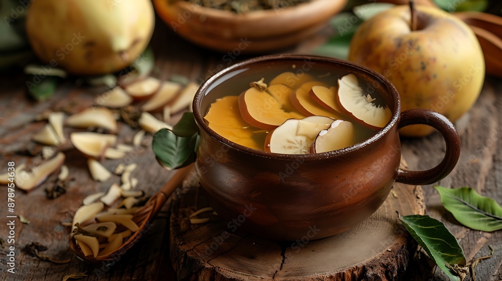 Green or peel tea in a brown cup with split real peel fruit on a rustic desk Green or peel tea in a brown cup with split real peel fruit on a rustic desk