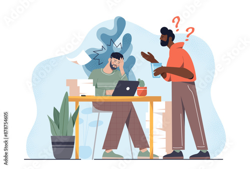 Panic episode at work. Man suffers from panic attack at workplace. Negative feelings and emotions. Mental problems and psychological disorder. Flat vector illustration isolated on white background