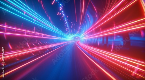 Abstract red and blue glowing light speed lines background with blur effect