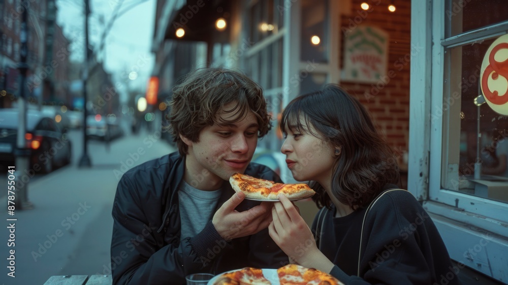 Young couple sharing a pizza together in a restaurant Young couple sharing a pizza together in a restaurant