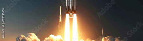 Detailed depiction of a commercial space launch with a rocket lifting off, aerospace industry, space transportation