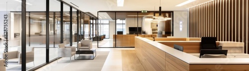 High-resolution office environment with branded signage and logos, corporate identity, business branding