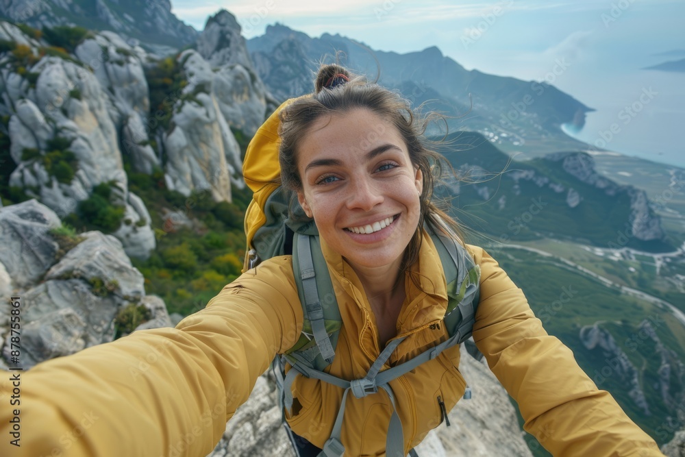 Naklejka premium Happy hiker taking selfie on mountain top.