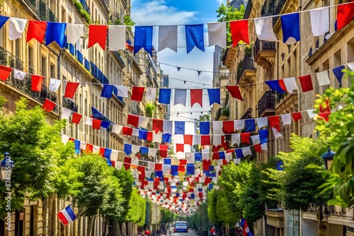 Parisian street decorated with French flags garland. Paris, France. National holiday celebration concept. photo