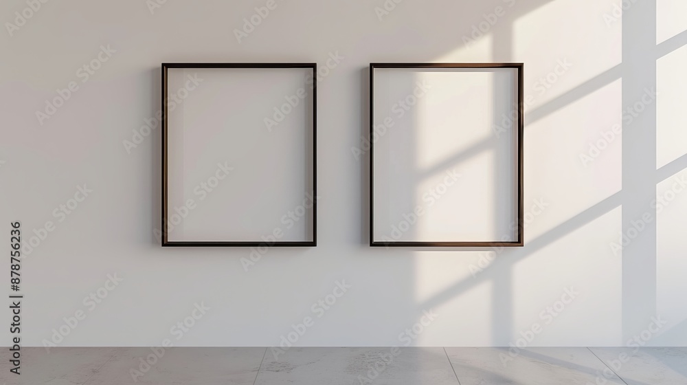 Two blank picture frames hang on a wall in a square shape, offering a versatile canvas for displaying artwork in any interior design scheme. Two blank picture frames hang on a wall in a square shape, offering a versatile canvas for displaying artwork in any interior design scheme.