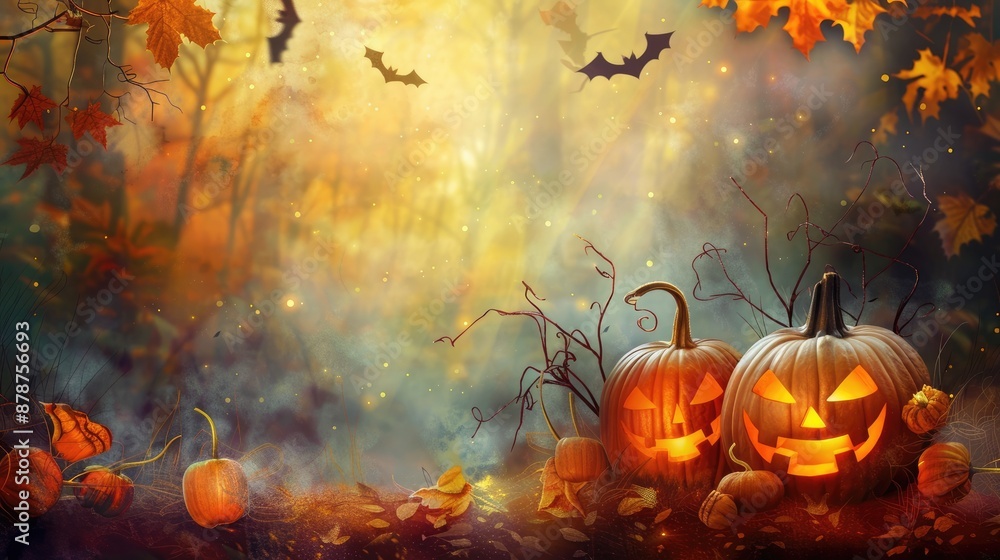 Naklejka premium Halloween background, pumpkins with glowing eyes on abstract background, copy space for text, gloomy, atmospheric picture, postcard