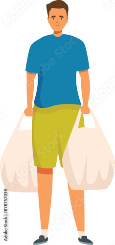 Young man carrying two full reusable grocery bags
