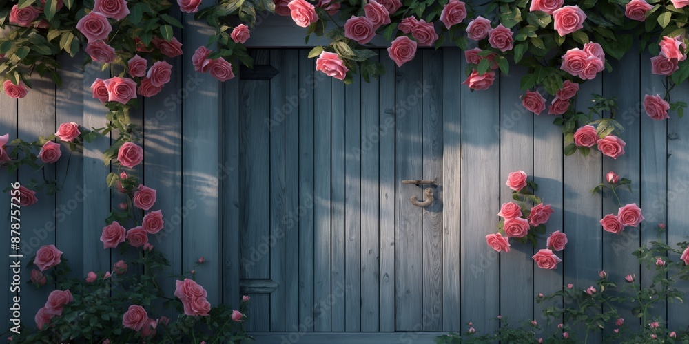 Fototapeta premium wooden vintage door with pink rose vine flower growing cover over door 