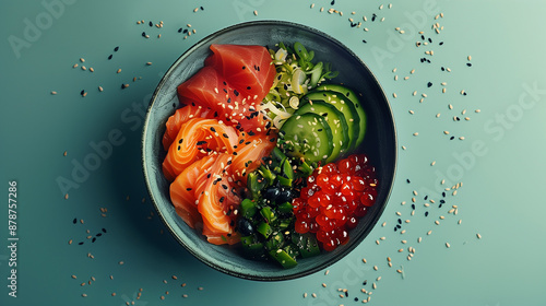 Poke bowl on blue background photo