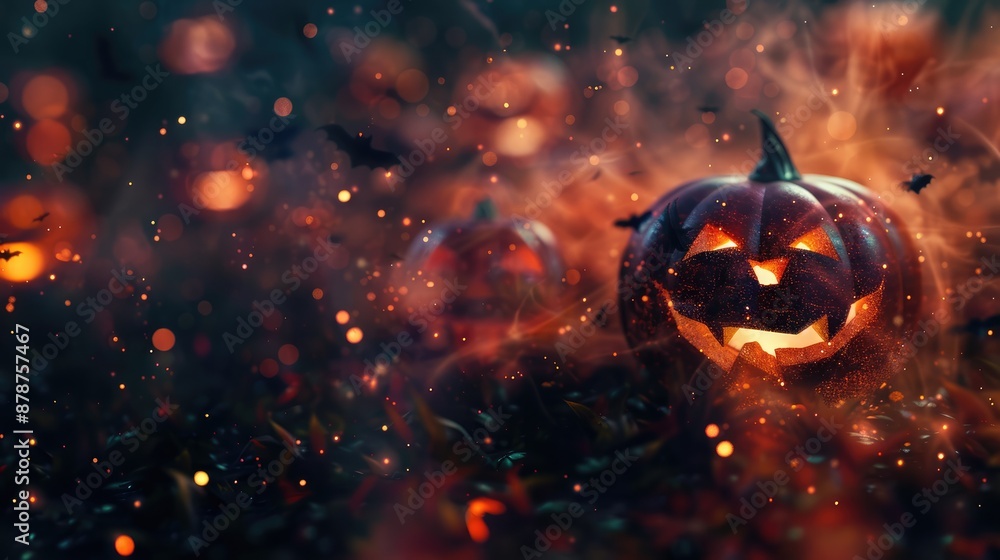 Fototapeta premium Halloween background, pumpkins with glowing eyes on abstract background, copy space for text, gloomy, atmospheric picture, postcard