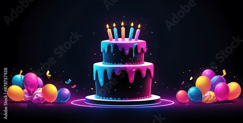 Birthday cake wit balloons concept, copy space with dark background, neon effect